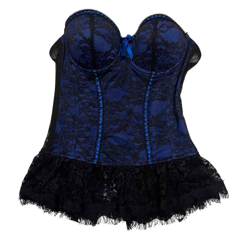 Seven til Midnight‎ Blue Black Lace Corset Burlesque Pin Up Bustier Top Size L